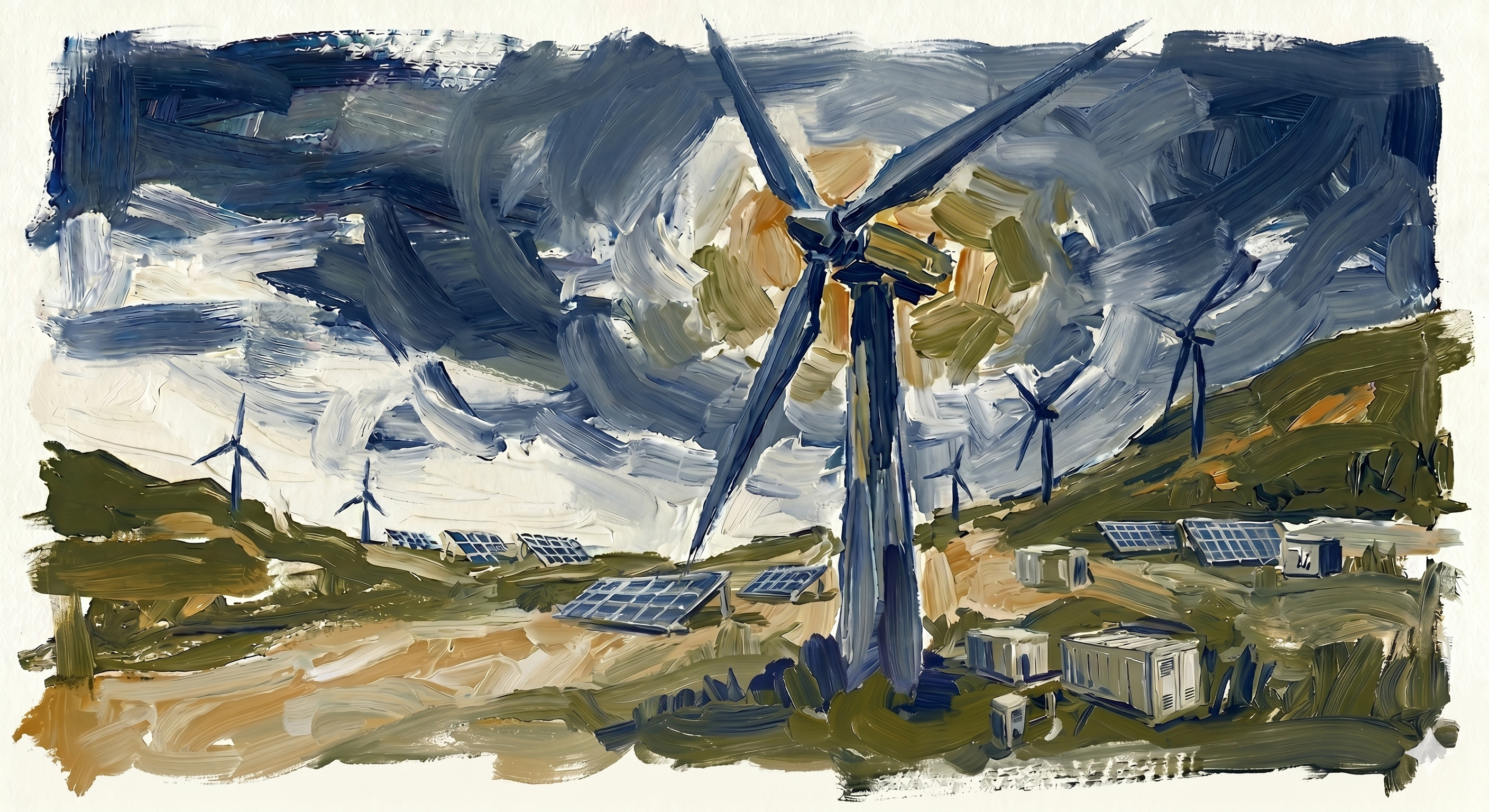 Impressionist canvas studying wind, solar, and container battery integration